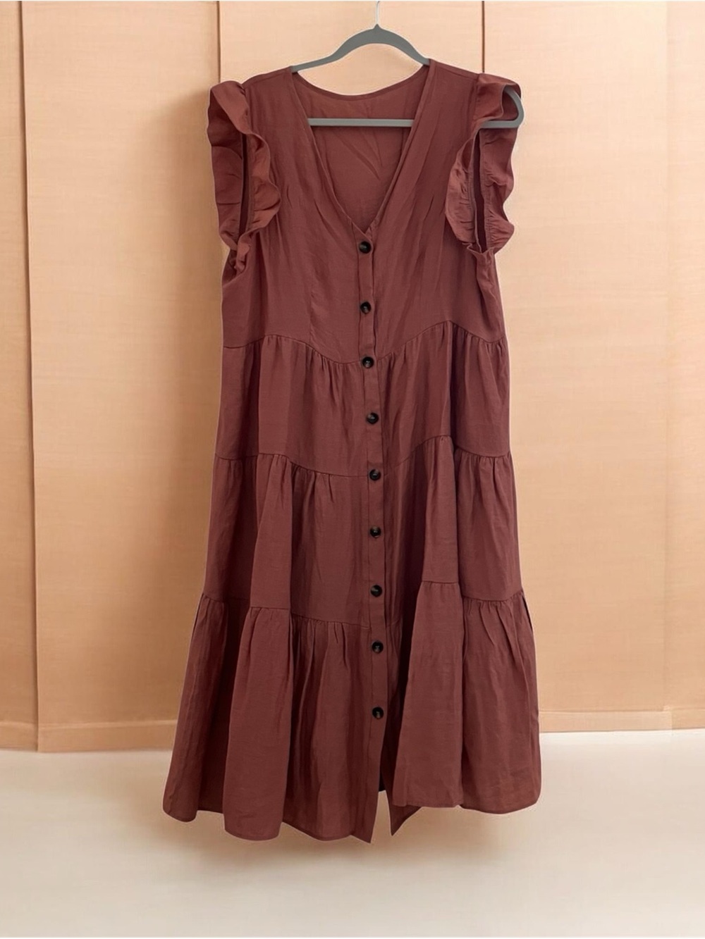 Women’s Tiered Ruffle Sleeve Button Front Dress Dusty Rose Pink Cottagecore XL
